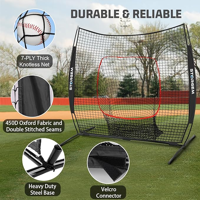 Storgem 6'X6' Baseball Softball Practice Net, Portable Baseball Net for Batting, Hitting, Pitching and Fielding, Carry Bag, Strike Zone and Batting Tee, Great for Kids Adult Youth