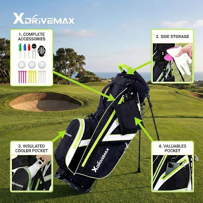 XDriveMax Golf Stand Bag with Accessory Pack, Lightweight 8-Way Top Dividers Golf Bag with Stand, Includes Insulated Cooler Pocket, Dual Strap & Rain Cover