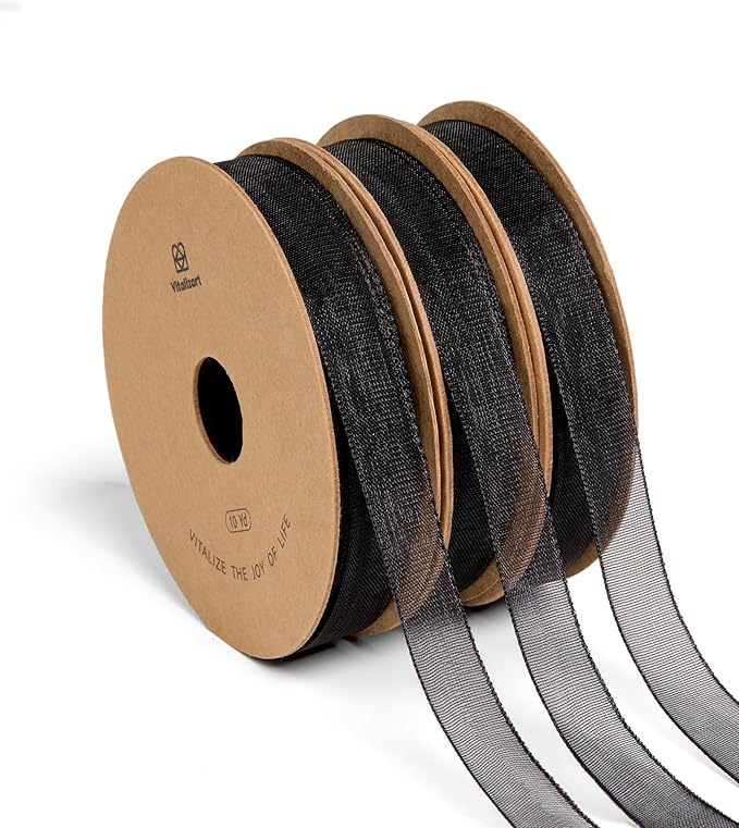 Vitalizart 3/8" x 30Yd Organza Ribbon Black Sheer Ribbons Set 10 Yd x 3 Rolls by Vitalizart