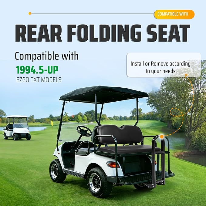 ECOTRIC Golf Cart Folding Rear Seat Kit W/Grab Bar Compatible with 1994.5-Up EZGO TXT Models Back Flip Seat Black