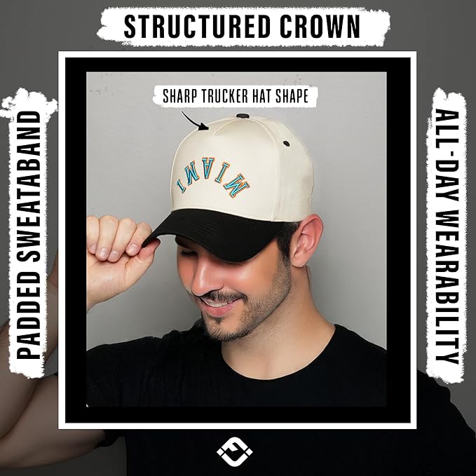 Funky Junque Upside Down City Trucker Hat for Men and Women – Unisex 3D Embroidered Gameday Baseball Cap, Retro Snapback Hats
