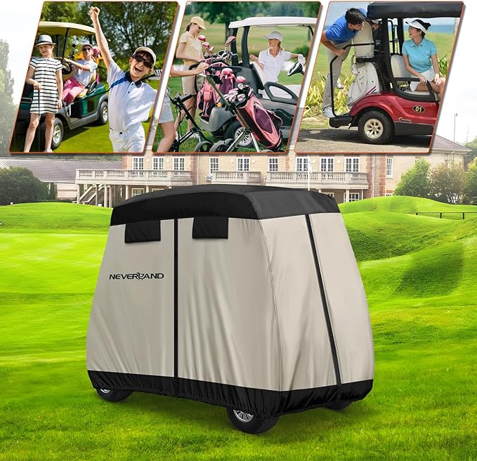 NEVERLAND Golf Cart Cover 4 Passenger - Outdoor Waterprood Golf Cart Covers, 420D Club Car Golf Cart Covers With Air Vent&Zipper Compatible with EZGO Yamaha Club Car 4 Seat (Up to 115 Inch)Black+Brown
