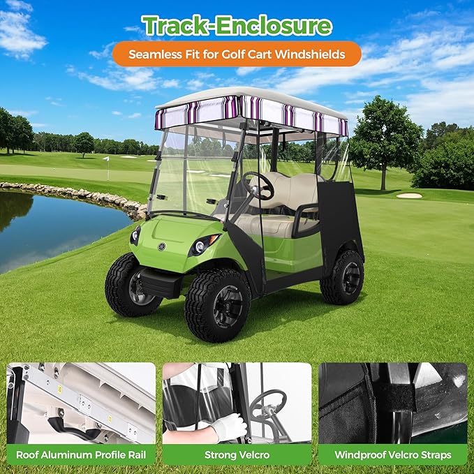 10L0L 2 Passenger Track-Style Enclosure Cover for Yamaha G29 Drive/Drive 2, Waterproof 600D Polyester Rain Shelter with Pre-Drilled Awning Track, 3-Piece Zip-Off Design, Roll-Up All Sides,Valance