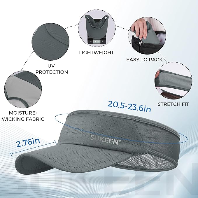 Sukeen 2 Pack Sports Sun Visor Men Women Lightweight Packable Cooling Stretchy Visor Hat for Running, Tennis, Golf