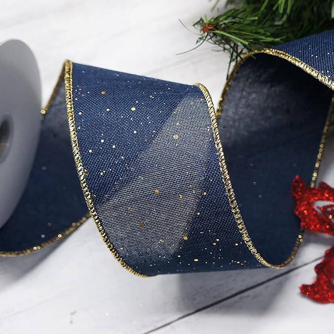 CT CRAFT LLC Blue Burlap Fabric Confetti Glitter Wired Ribbon 2.5" x 10 Yards - Image 5