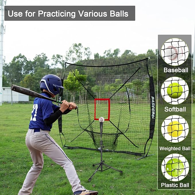 BaseGoal 7'×7' Baseball Softball Practice Net,Baseball Backstop,with Batting Tee,for Hitting Pitching Batting Catching with Bow Frame,Bonus Strike Zone