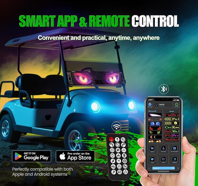 Golf Cart Devil Eyes Light Sign Screen, Programmable-Animations Flexible Screen for Golf Cart Windshield, DIY Dynamic text, graffiti, patterns With App&Remote Control, 23.4"x4.7" Windshield Decoration