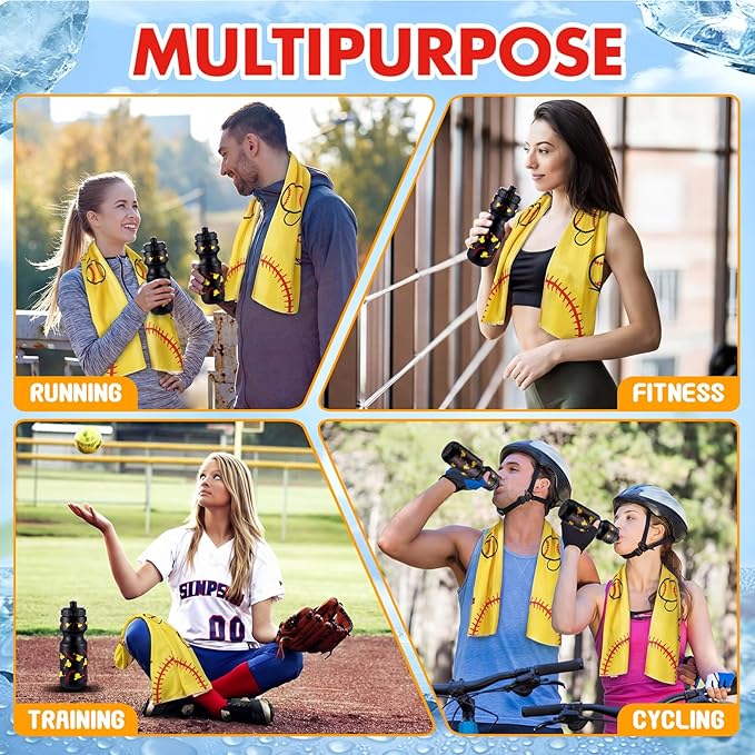 24 Pcs Sports Water Bottle Bulk Cooling Towel Set Include 12 Softball Water Bottle 12 40"x12" Cooling Towels Sports Themed Accessories for Soccer Team Gift Events Party Players Lovers Coach Training