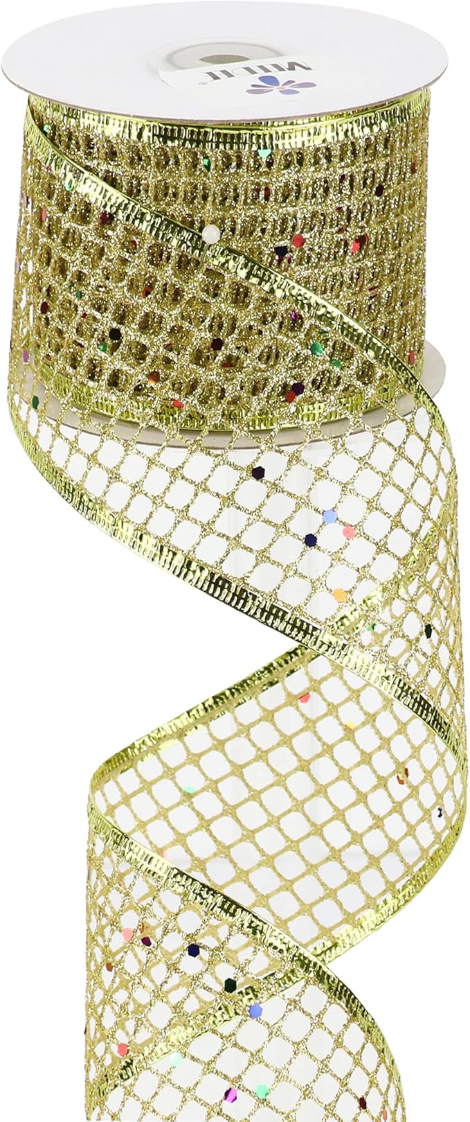MEEDEE Gold Glitter Ribbon Gold Christmas Ribbon 2.5 Inch Square Mesh Net Wired by MEEDEE