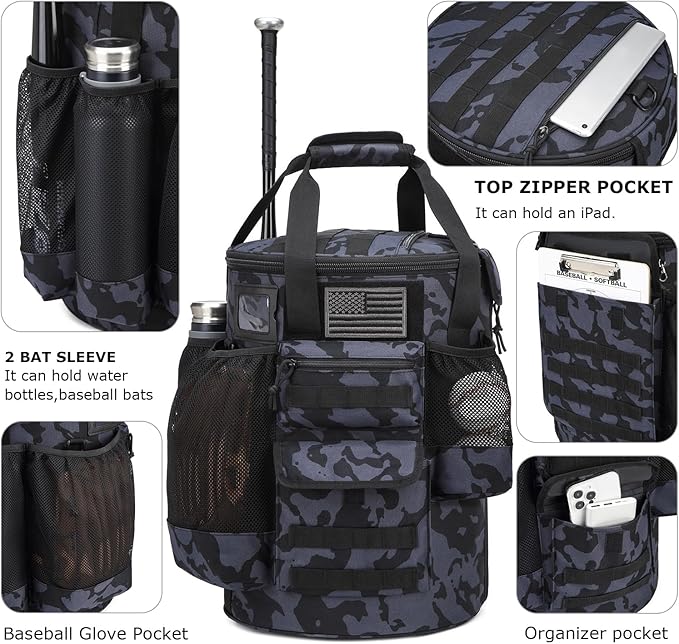 Baseball Bucket Bag Baseball Coaching Accessories Organizer Tactical Style Softball Bucket Bag with Anti-Slip Bottom, Multiple Pockets for Bat, Gloves, Scoreboards