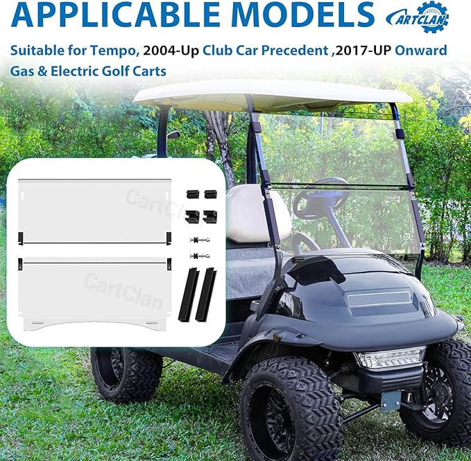 Golf Cart Windshield, Club Car Windshield with Windshield Clips Suitable for 2004-Up Club Car Precedent/Onward/Tempo Golf Carts, PC UV Resistant, Club Car Foldable Windshield Replacement