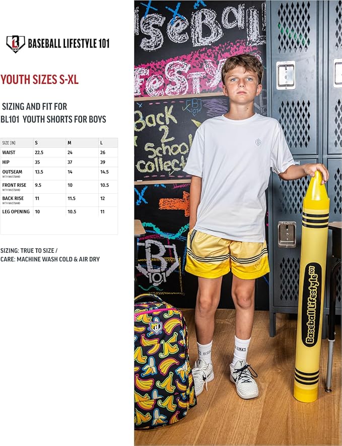 Baseball Lifestyle 101 Boy's Crayon Mesh Shorts w/Side Pockets and Elastic Waist, 5 in Inseam, Youth Sizes S-XL