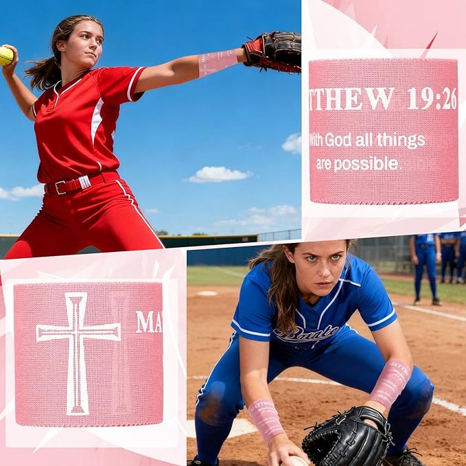 MiniInflat 2 Pcs Christian Cross Athletic Tape Sports Tape 2in x 23ft Religion Jesus Wrist Wrap for Soccer Football Baseball, Gift for Graduation Teacher Nurses Week Pentecost(Pink,Matthew 19:26)