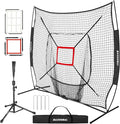 BaseGoal 7'×7' Baseball Softball Practice Net,Baseball Backstop,with Batting Tee,for Hitting Pitching Batting Catching with Bow Frame,Bonus Strike Zone