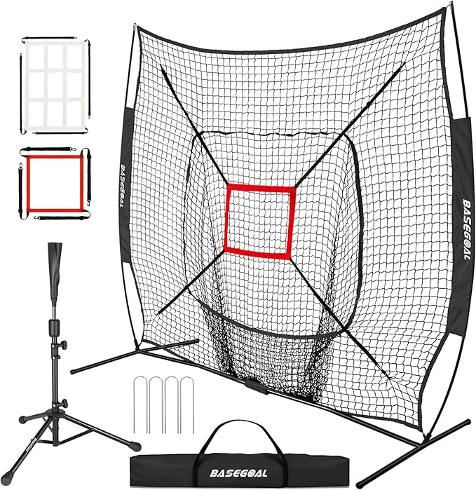 BaseGoal 7'×7' Baseball Softball Practice Net,Baseball Backstop,with Batting Tee,for Hitting Pitching Batting Catching with Bow Frame,Bonus Strike Zone