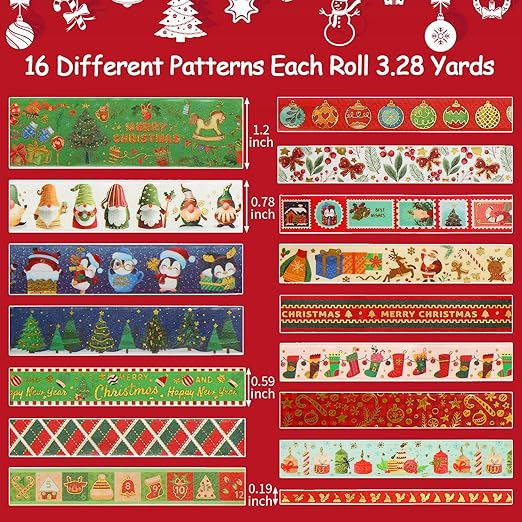 16 Rolls Christmas Washi Tape Holiday Masking Tape 4 Sizes Red Green Christmas - Image 4