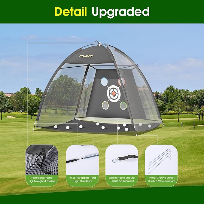 FILORI Golf Practice Net 10x7FT - Golf Hitting Net with Tri-Turf Mat, 8 Balls, Tee & Carry Bag, Indoor/Outdoor Backyard Training for Driving Chipping Swing, Ideal Gifts