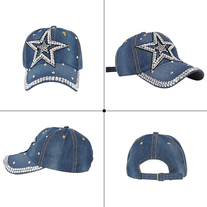 Hoce Fashion Rhinestone Denim Baseball Cap Studded Bling Hat for Women