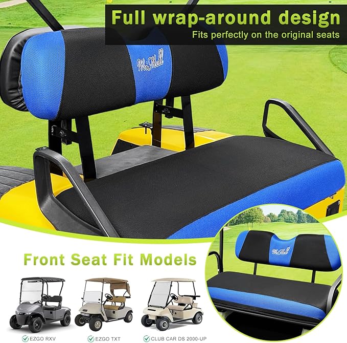 Golf Cart Seat Covers Front and Rear Seat Covers Fit for EZGO TXT RXV Club Car DS 2000-Up Front Seat Cover Aftermarket Back Seat Cushion Cover Black&Blue
