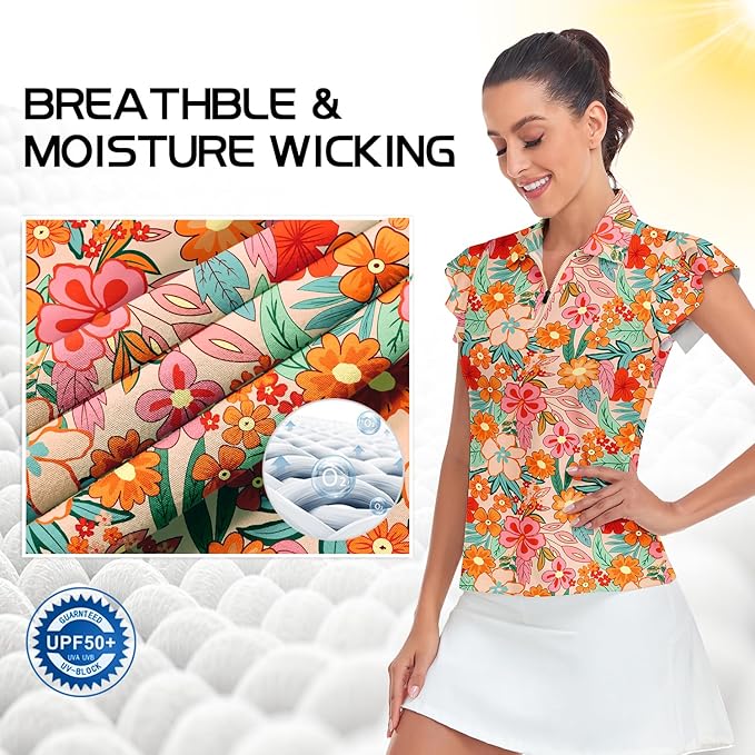 Soneven Womens Petal Sleeve Golf Shirts Moisture Wicking Lady Golf Apparel Print Tennis Sport T Shirt