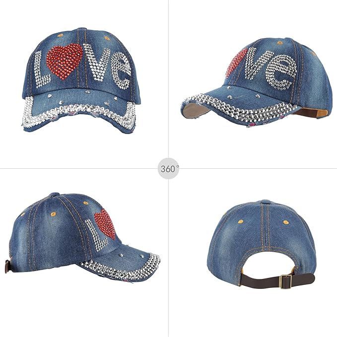 Hoce Fashion Rhinestone Denim Baseball Cap Studded Bling Hat for Women