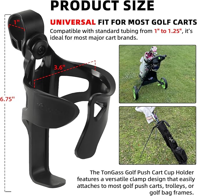 TonGass 2-Pack Golf Push Cart Cup Holder, Universal Plastic Golf Trolley Drink Holder Mount for Golfs Push Carts, Durable Shock-Resistant Design Fits Most Golfs Trolley Tubes and Handles - Black