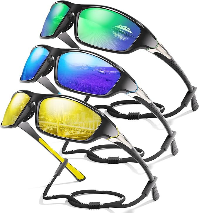 3 Pack Polarized Sports Sunglasses for Men, Mens Sunglasses Wrap Around UV Protection for Cycling Fishing Driving