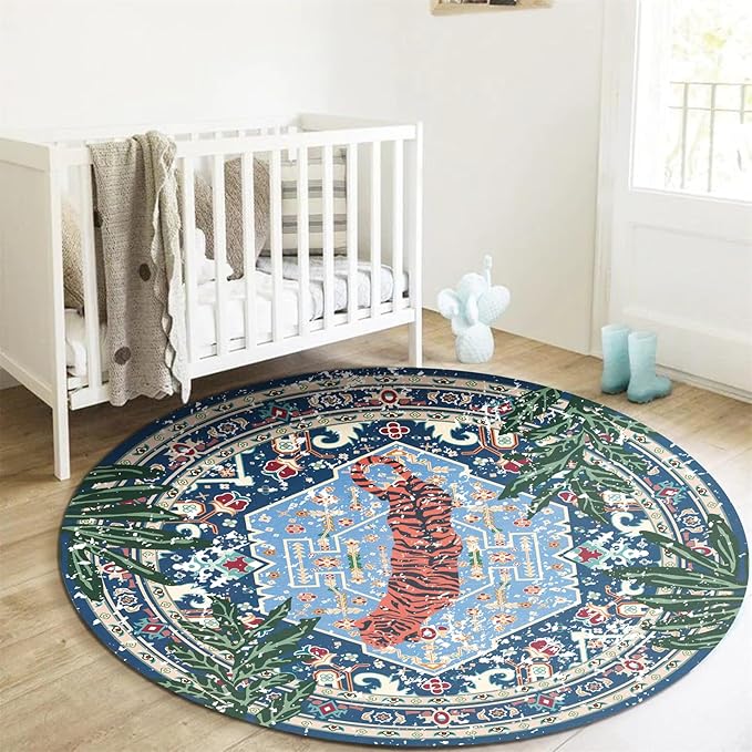 Washable Blue Rugs Thin Oriental Boho Vintage Tropical Leopard 4ft Round Area - Image 3