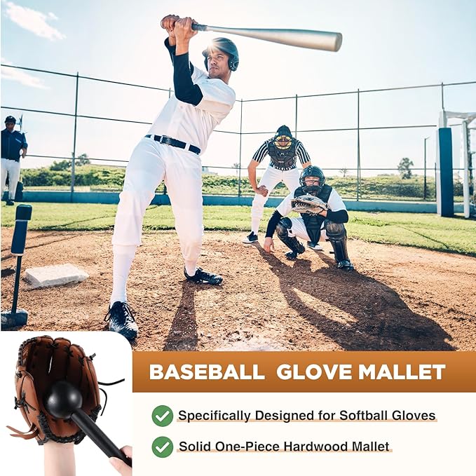 Hollowfly Baseball & Softball Glove Mallet-12 Inch Wooden Hammer with Leather Rope, Durable Glove Pocket Break-in Tool