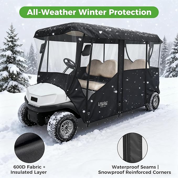 10L0L 2/4/8 Passenger Golf Cart Enclosure for Club Car Precedent/Tempo/Onward, 600D Waterproof Golf Cart Rain Cover, Driving Enclosure with 4-Sided Clear Windows Roll-up Door Black -Roof 58"-141"