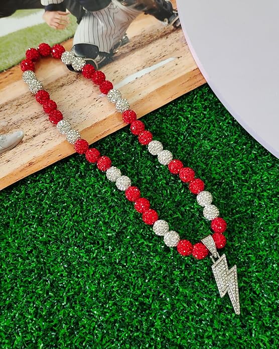 Baseball Necklace for Men 16/18/20 Inch Bling Ice Collection Lightning Bolt Pendant Necklace for Women Rhinestone Clay Beaded Discoball Accessories Gifts for Baseball Team Players Lovers