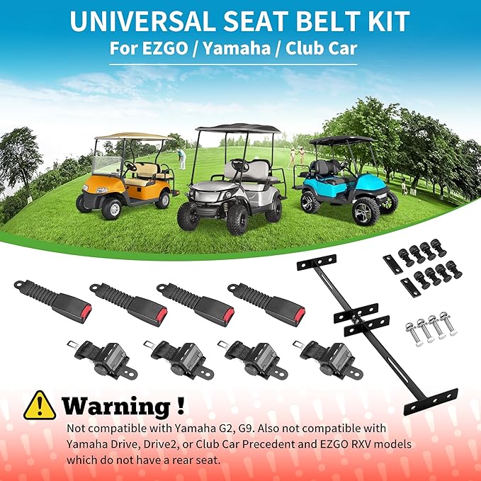 10L0L 4 Passenger (2+2) Golf Cart Seat Belt Kit for EZGO, Yamaha, Club Car, Fits Front Rear Seat, with Bracket