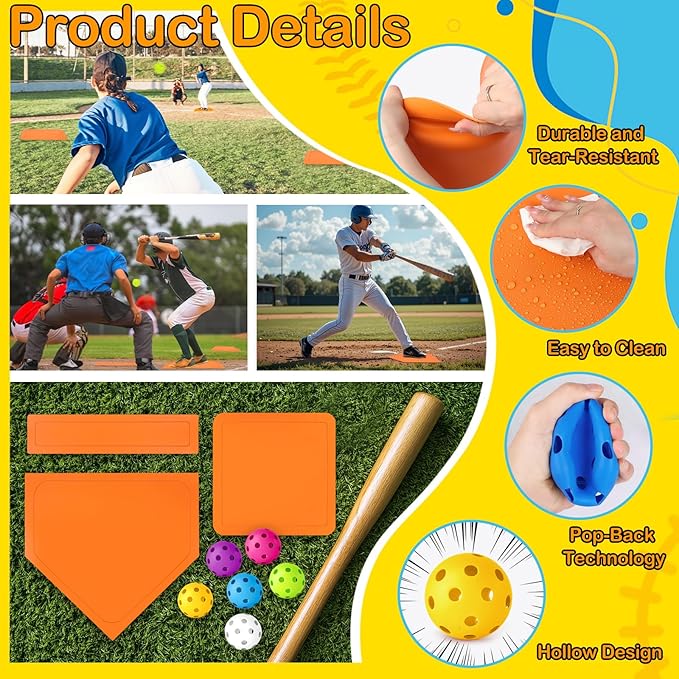 Mototo Rollable Baseball Base for Yard Practice Kit, 5 Baseball Home Plate Rubber Base with 6 Practice Soft Balls & Black Storage Bag, Throw Down Home Plate for Backyard, School Kickball, Tball