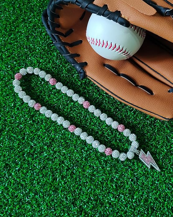 Baseball Necklace for Men 16/18/20 Inch Bling Ice Collection Lightning Bolt Pendant Necklace for Women Rhinestone Clay Beaded Discoball Accessories Gifts for Baseball Team Players Lovers