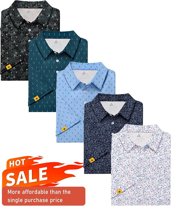 ZITY 5 Pack Mens Golf Shirt Short Sleeve UPF 50+ Moisture Wicking Performance Print Patterns Casual Golf Polo Shirts for Men