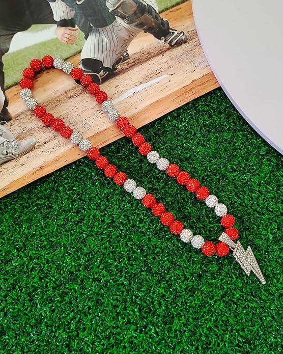 Baseball Necklace for Men 16/18/20 Inch Bling Ice Collection Lightning Bolt Pendant Necklace for Women Rhinestone Clay Beaded Discoball Accessories Gifts for Baseball Team Players Lovers