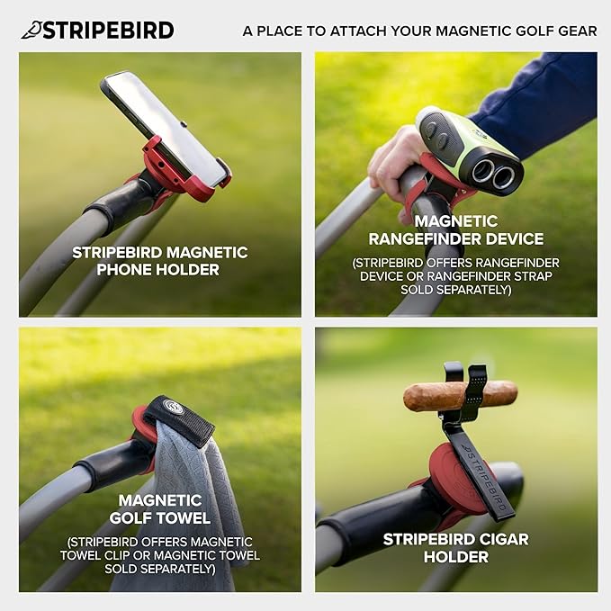 Stripebird - 2.0 Golf Push Cart Mount for Magnetic Accessories (red) - Push Cart Strap for Quick and Easy Access of Golf Gear - Cell Phone Holder for Golf Cart - Phone Holder for Golf Cart