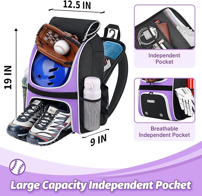 Youth Baseball Bag - Baseball Backpack Bat & Glove Holder, T-Ball & Softball Equipment & Gear,Large Main Compartment for Helmet & accessories, Fence Hook，Insulation Pocket