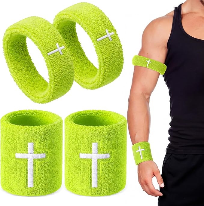 Soulchen 4 pcs Cross Bicep Bands Wrist Bands Christian Arm Sweat Wristbands Absorbent Armband for Men Women Football Baseball Players Sports Activities Supplies