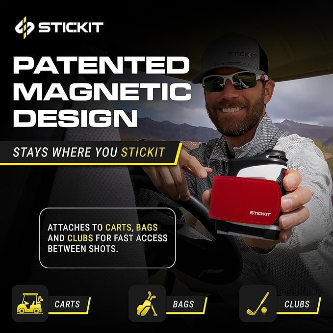 STICKIT Magnetic Rangefinder Strap | Strong Magnet Securely Holds to Golf Carts and Golf Clubs for Easy Access | Slim, Form Fitting, Size Adjustable