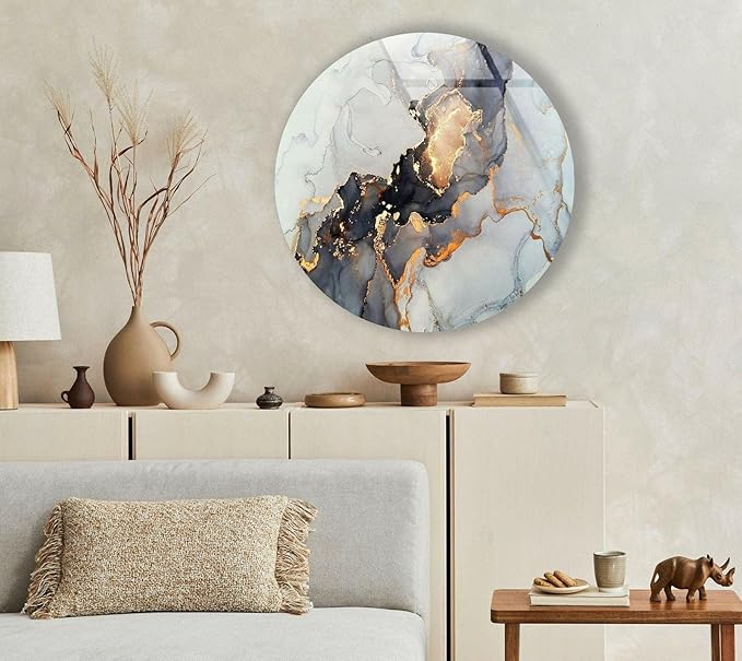 My Photostation.com 27.5'' Diameter Gold Details Gray Marble Round Glass Wall by MyPhotostation