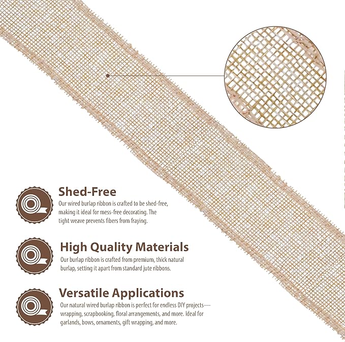 Mandala Crafts Natural Burlap Wired Ribbon 2 Inches Wide Jute Ribbons - Image 3