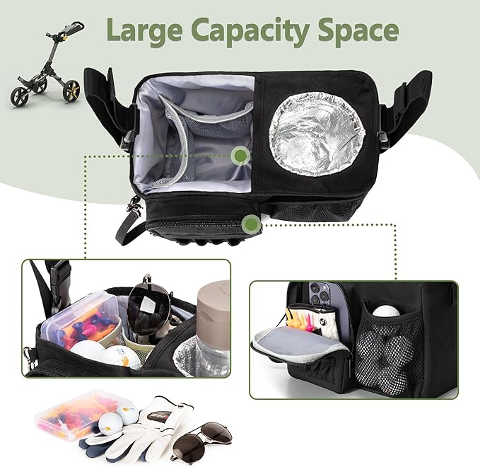 Golf Push Cart Organizer Bag with Insulated Cup Holder and Multi-Pockets, Fits Most Carts