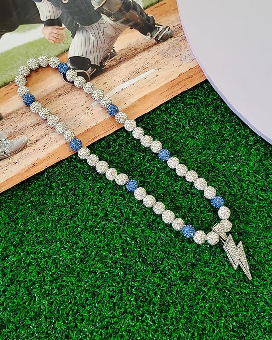 Baseball Necklace for Men 16/18/20 Inch Bling Ice Collection Lightning Bolt Pendant Necklace for Women Rhinestone Clay Beaded Discoball Accessories Gifts for Baseball Team Players Lovers