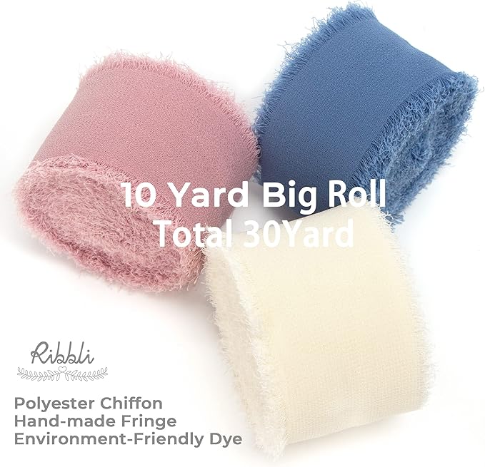 Ribbli Chiffon Silk Ribbon, 1.5 in x 30 Yards, Ivory/Dusty Rose/Dusty Blue - Image 2