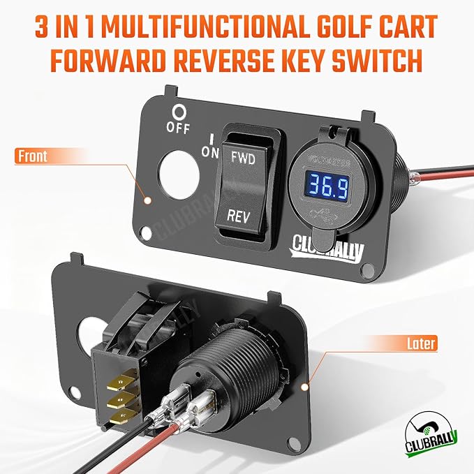EZGO Key Switch Plate with Forward Reverse Switch, DC 9V-48V 3.1A Fast Charge Dual USB Charger, LED Digital Voltmeter, Fit Electric EZGO TXT, Medalist, PDS Golf Carts((Black/Red))