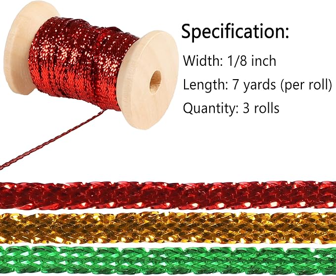 Christmas Set Thin Ribbon 1/8 inch Metallic Braided Double Faced Ribbons - Image 2