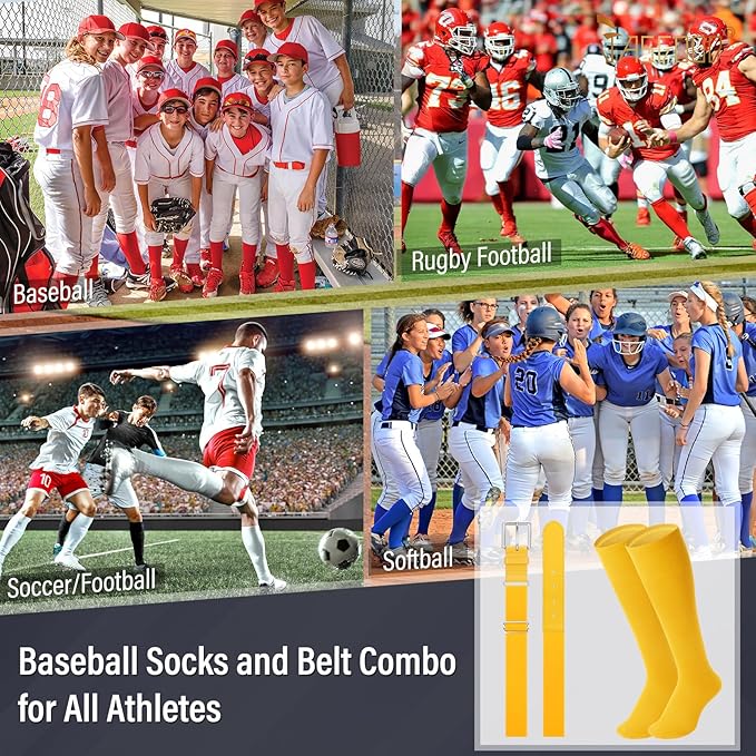 Baseball Socks and Belt for Youth Adult Softball Socks Combo Elastic Waist Belt for Men Kids Boys Girls Women JASGOOD