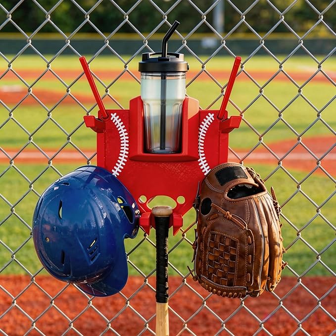 Baseball and Softball Dugout Organizer, Fence-Mounted Hanging Rack for Bats Helmets Gloves Drinks, Portable and Space-Saving (Red)