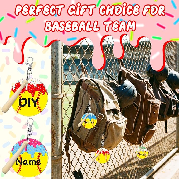 Cunno 12 Sets Softball Ice Cream Drip Acrylic Keychain Blank DIY Kit Bulk Softball Ice Cream Theme 3 Inch Acrylic Keyring with Swivel Snap Hook Keychain for Team Gifts Sport Party Favors